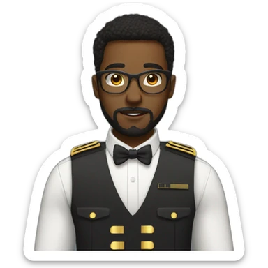 black soldier with beard, part in hair, white collared shirt, bow tie, gold glasses, bulletproof vest  sticker