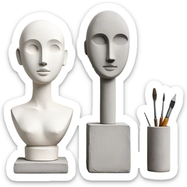 Plaster sculpture and concrete sculpture, small and large, standing side by side, simple and textured, sculpting tools nearby, minimalistic, on a white background, no extra details. sticker