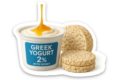 Yogurt Greco 2%
Miele
Gallette di Riso
vista frontale, iperrealistico 4k sticker