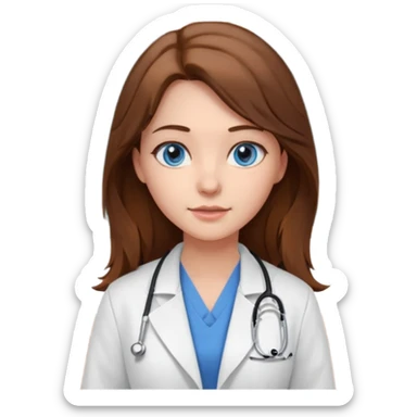 pretty female nursing student with long brown hair, blue eyes inside a classroom at university with blackboard behind her sticker