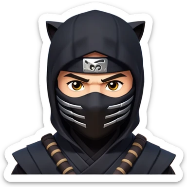 clash-of-clans-aesthetic_-cinematic-mysterious-male-ninja-portrait-emoji, rendered in a flat, vector-style with minimal shading and bold, simplified shapes, with a head slightly turned revealing intense, focused eyes. Next to him is an agile trained panther tiger with glossy fur moving silently through shadowed urban rooftops and moonlit alleyways. sticker