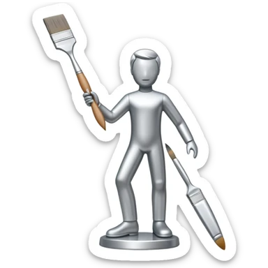 A paintbrush that transforms into a human metal silver silhouette sculpture, symbol of artistic identity, with a polished silver metallic finish sticker