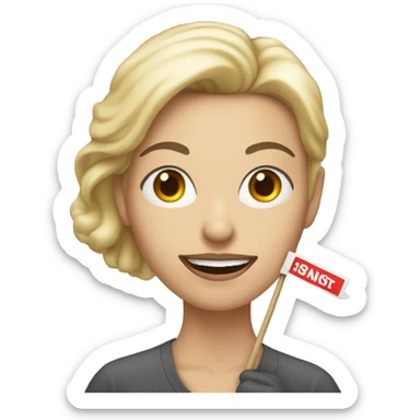 white woman holding placard on stick sticker