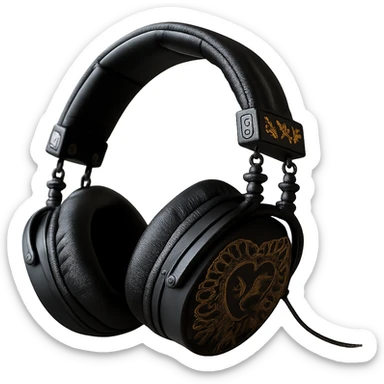 Remove the background, keep only the realistic black gothic headphones with heart-shaped ear cups, metallic chains, and gothic engravings, photorealistic style, with no background. sticker