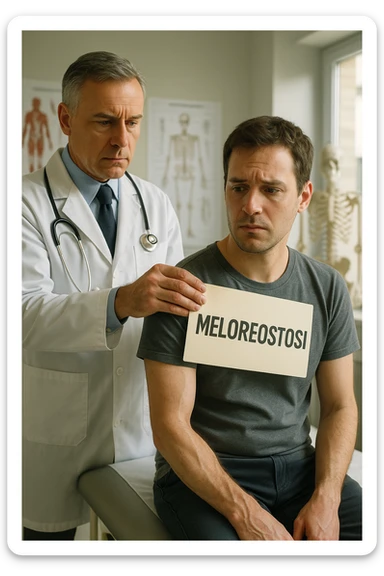 A realistic, cinematic illustration set in a bright, modern medical office. A middle-aged doctor in a white lab coat with a serious expression is shown gently placing a large paper label on the shoulder of a male patient sitting on the examination table. The label has the word 'Meloreostosi' written on it, symbolizing the act of labeling the patient with his rare bone condition. The patient looks confused and slightly disheartened, wearing a simple t-shirt with part of his arm exposed, showing subtle signs of bone thickening or deformation associated with melorheostosis. The background includes medical charts and a softly blurred skeleton model, emphasizing the medical setting. The lighting is bright but neutral, conveying a sterile, clinical atmosphere while focusing on the symbolic moment of receiving a diagnosis label. The mood is introspective and slightly heavy, illustrating the emotional weight of being defined by a rare chronic condition in italiano sticker