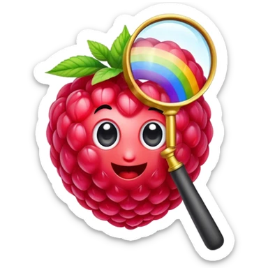 a raspberry holds an rainbow colored magnifier sticker