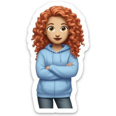 white girl with long red curly hair, wearing a pastel periwinkle hoodie doing a pose sticker