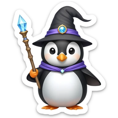 A cute penguin wearing a wizard hat and robe, holding a magic wand sticker