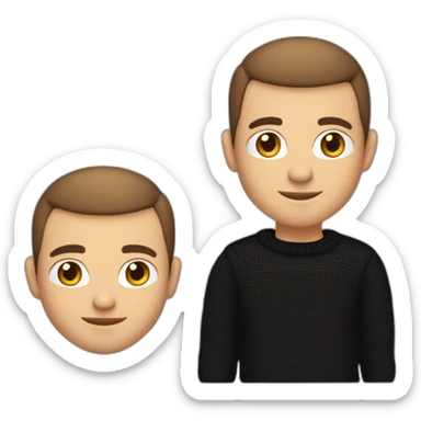 male with buzz cut hair, brown hair, white gold earrings, a laptot in front, apple-style, modern, black sweater, computer in hand sticker