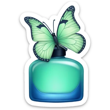  pastel green butterfly resting on an elegant blue perfume bottle with fork dark blue details. sticker