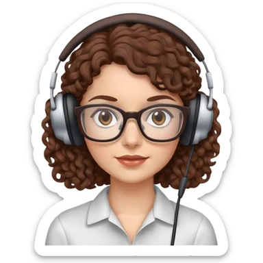 White female  Brown curly hair  Dark brown eyes  Small Square glasses  Headset sticker