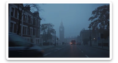 Cinematic shot of a london street, cloudy foggy day, soft light, leading lines to big ben in distance, multi composition, in foreground blurred car, on second street around UK bulding, od another plan in distance big ben, birds flying, artistic look, captured on arri alexa 35, color graded blue hour sticker