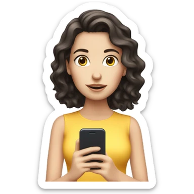 White girl with dark wavy hair reading on smart phone sticker