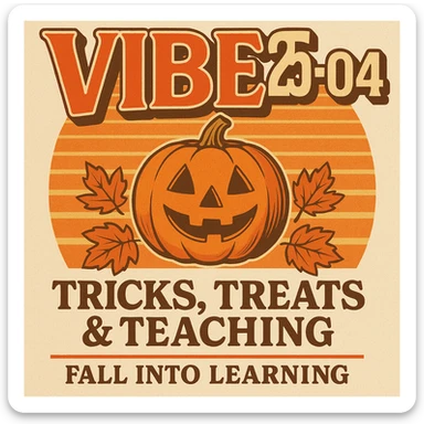 Create a logo that encompasses a retro 80's feel, nostalgic, ALSO RETRO.  Add the words "VIBE25-04: Tricks, Treats & Teaching: Fall Into Learning" sticker