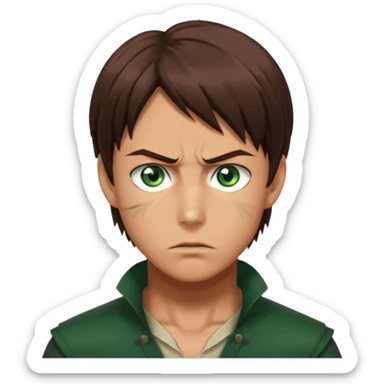 “Make him look like Eren Yeager S3 — long brown hair tied back, strong jawline, sharp green eyes, that cold, intense Eren vibe.” sticker