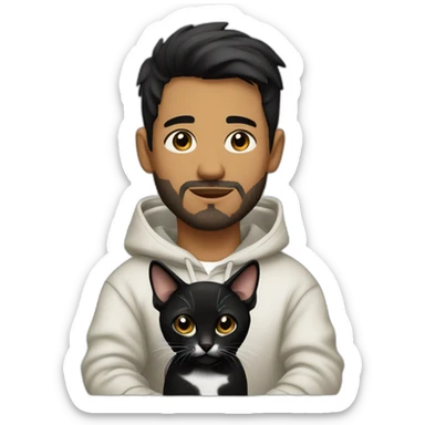 olive skin man with white black spotted cat on lap with short beard hazel eyes and black hair wearing hoodie sticker