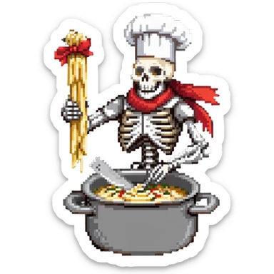 Papyrus from Undertale cooking spaghetti, tall skeleton with red scarf and white armor, enthusiastically stirring pasta in a pot, chef hat sticker