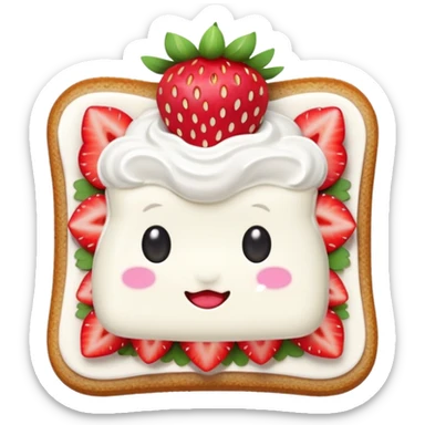 square toast topped with fluffy white cream, decorated with a strawberry bow made from two strawberry halves and a small sliced center, bright red and glossy, Clean soft shading, kawaii emoji style, centered object, no plate, no background, high detail, pastel tone sticker