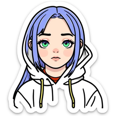 8k, 5000x5000px resolution, clean, smooth, thin lines, ultra detailed, hyperrealism, celebrity, singer Billie Eilish 2024. Glossy appearance, clean thin lines, vivid, clean appearance. Bright vivid bold eyes sticker