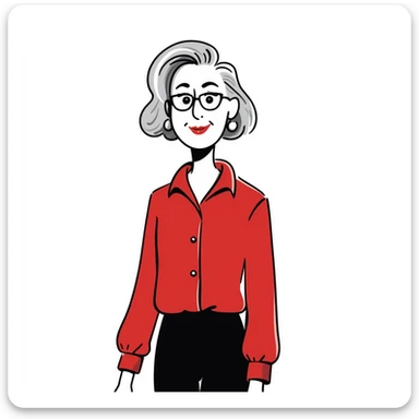 Sophisticated senior woman in her 70s with radiant complexion, elegant silver-gray bob haircut, hazel eyes, defined cheekbones, wearing vibrant red lipstick and a structured red blouse sticker