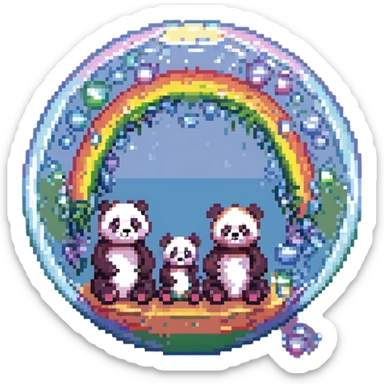 Cinematic still pandas bears sitting inside bubbles flying around San Francisco downtown, sunny summer day, happy vibe, colorfull surround, rainbow sticker