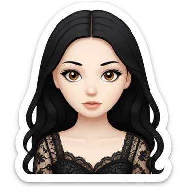 black hair, pretty, BLACK long black hair, pale skin, eyeliner, lace clothes, brown eyes bratz baddie sticker