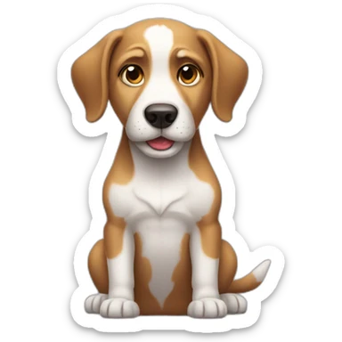 dog looking at camera with dumb face sticker