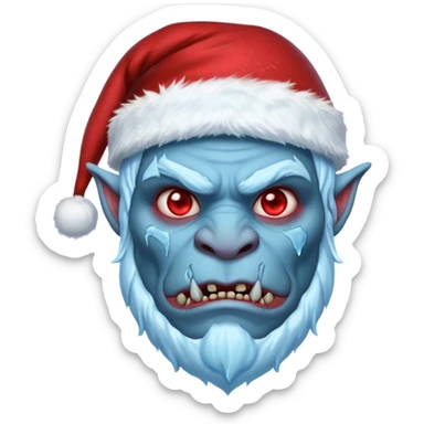 Fantasy orc portrait emoji, Santa Claus hat with icy texture, frozen scar glowing deep red against icy blue skin tones, primal winter survival theme, restrained detail, clean readable emoji style, male/female variant
 sticker