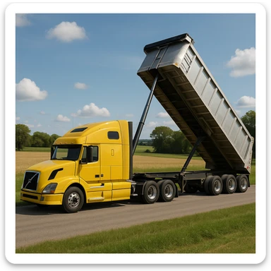 long silver end dump trailer hooked to a Volvo yellow semi sleeper truck, trailer in dump position, photorealistic daytime country scene with fields, trees, and a quiet road, truck facing left sticker