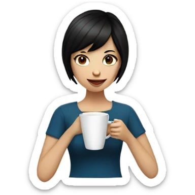 Girl with very short black hair, fair skin and brown eyes drinking coffee sticker