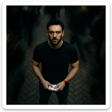 Overhead cinematic shot, person from reference image, no headphones, black shirt, visibly fit and athletic, standing still on a brick sidewalk, motion-blurred crowd rushing past, moody lighting, 35mm film look, shallow depth of field, sharp focus. Urban. Render in a style suitable for cinematic photography with moody lighting and shallow depth of field. sticker