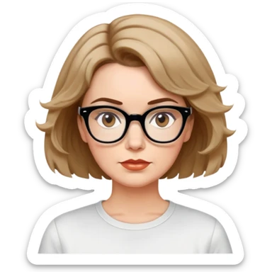white woman in 50s, light warm skin, short messy bob with some waves, medium brown hair, big black thick glasses, white t-shirt, focused and serene look sticker