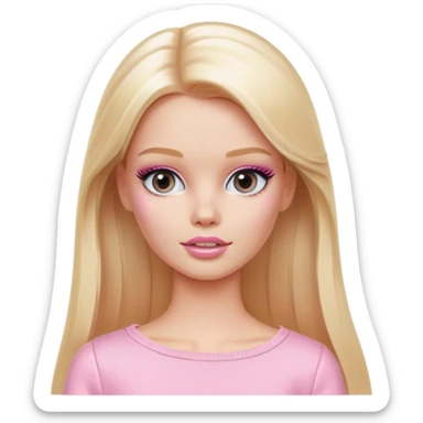 A white Barbie girl with long blonde straight hair in pale pink clothes smears cosmetic cream on her face sticker