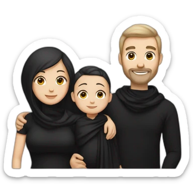Daddy with white skin tone wear black tshirt and wife with sane skin tone wear black long blaus,black shawl and his baby wear black tshirt sticker