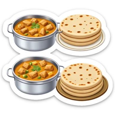 traditional Indian lunchbox (tiffin), each filled with Indian food—one with rice, one with curry, and one with paratha .  sticker