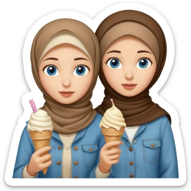 Turkish beautiful finish Konya two girls blue eyes with beige denim hijab islamic dress and had on her hand ice cream sticker