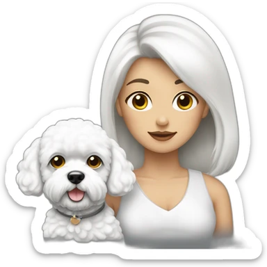 mujer piel blanca con chongo negro con perro bichon blanco sticker