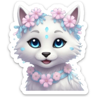 Anthro Cute Cool Pastel Kawaii gorgeous sparkly ethereal fantasy animal creature with blue eyes furry sona with flowers and ribbons beautiful aesthetic sticker