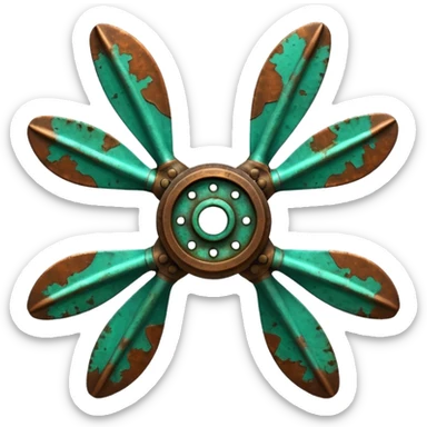 3D render of Ship Propeller, heavily oxidized copper texture, verdigris patina, Bronze blades with green barnacle/rust spots, weathered bronze aesthetic, ancient decay, emoji style, isolated on white background --v 6.0. sticker