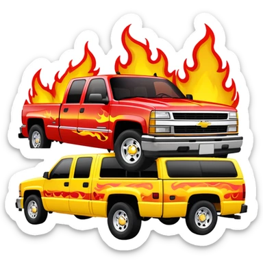 Bright yellow 1997 Chevy Silverado C-2500 Crew Cab with detailed red flame graphics on hood, 30-degree angle showing flames clearly, Kill Bill 'Pussy Wagon' truck, iOS emoji style sticker
