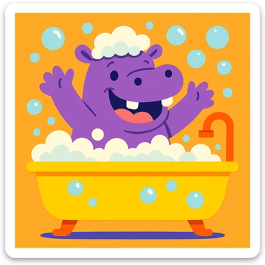 happy hippo with bubbles in bathtub sticker