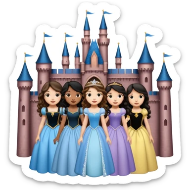 Quiero que crees una imagen donde este el castillo de Disney y por detrás o delante pon a quatro chicas: una con el pelo largo rizado marrón , otra con el pelo corto negro, otra con el pelo mediano liso marrón y otra con el pelo negro largo liso sticker