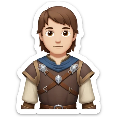 medieval outfit worn by a DnD themed fantasy character. basic low level clothes. clothes only above the waist. The clothes full waist. The character's haven't arms. character is brown hair brown eyes bonus hair white man. sticker