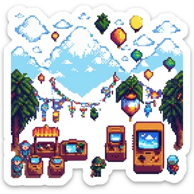 A pixelated festival scene with retro games, pixel art characters, and a digital sky sticker