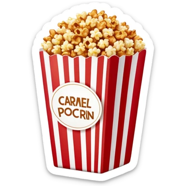 large package of caramel popcorn, red and white vertically striped package with thick stripes, golden brown caramel popcorn visible at the top, no text or labels on package, only stripe pattern, authentic Apple emoji style with glossy finish, prominent package size sticker