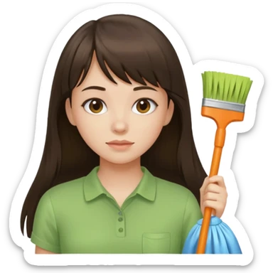 girl brunette with bangs long hair cleaning light green shirt sticker