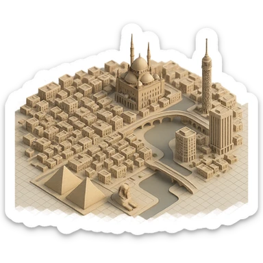 Isometric minimalistic illustration of Cairo, subtle 3D miniature effect and Tilt Shift effect, no cartoonish look, transparent background. sticker