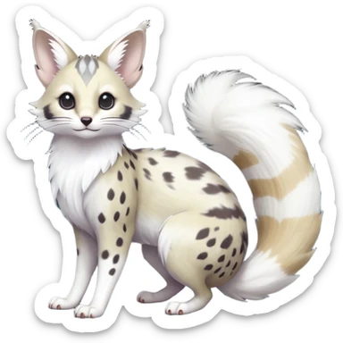 Hyper realistic  ashen smoke-grey fur fading into ghost-white frost at the edges beautiful elegant pretty precious cute  Fakémon-Pokémon-opossum-feline-serval-caracal-chinchilla-Furret-Minccino-hybrid-creature with a big fluffy bushy tail (full body) sticker