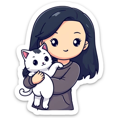 Beautiful girl with long black hair holding a hairless cat sticker