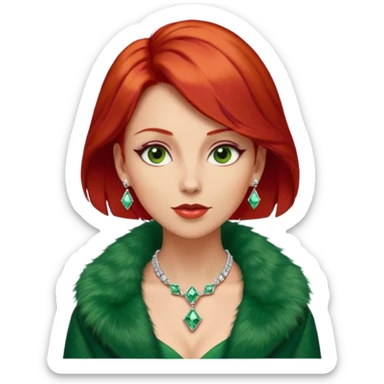 * Character: A stylish lady,red hair
* ﻿﻿Clothing: A luxurious green fur coat
* ﻿﻿Accessories: A dazzling diamond necklace
* ﻿﻿Expression: Confident, elegant, maybe slightly glamorous
* ﻿﻿Pose: Head slightly tilted or a poised posture
* ﻿﻿Style: Emoji-like, simple but expressive sticker
